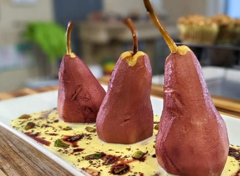 Crimson Pears with Luscious Crème Anglaise