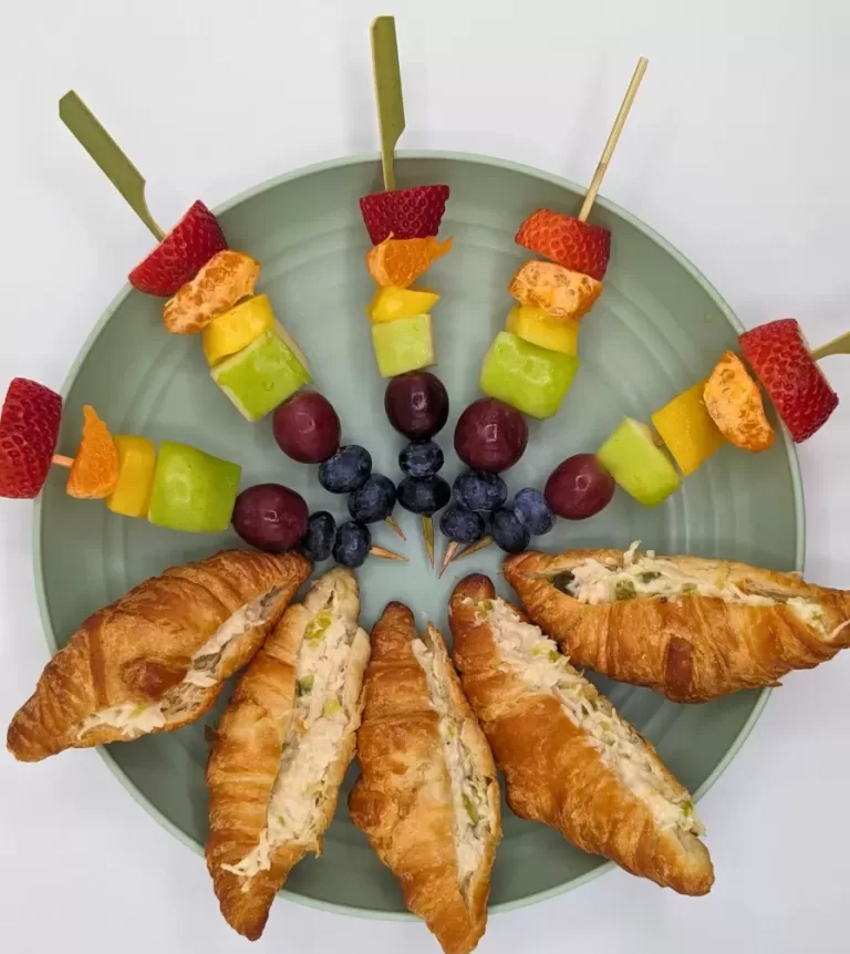 Delicious and Nutritious: The Perfect Chicken Salad Croissants and Eye-Catching Rainbow Fruit Skewers for Your Next Healthy Gathering