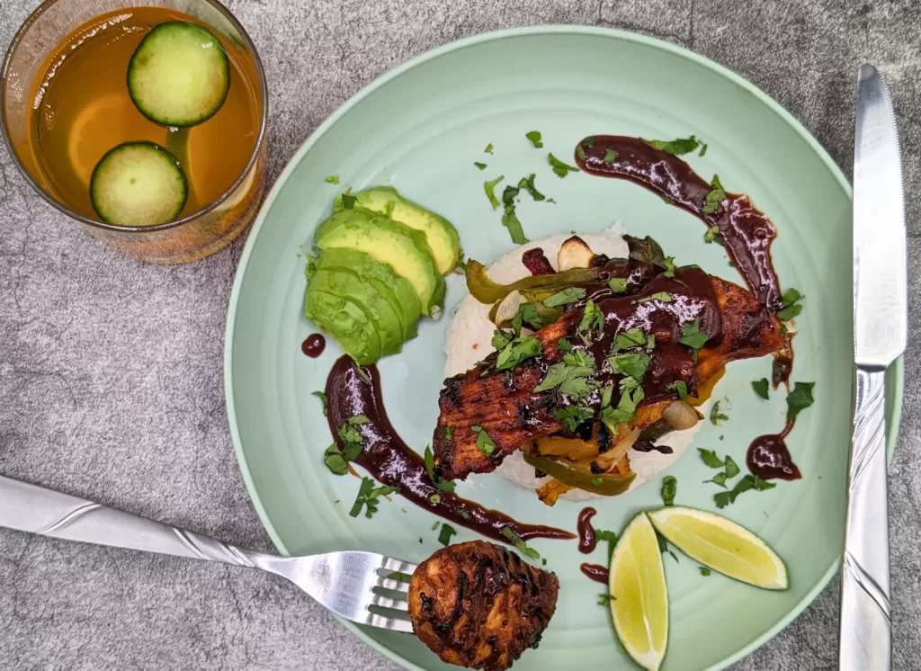 bbq chicken breast over sushi rice final image