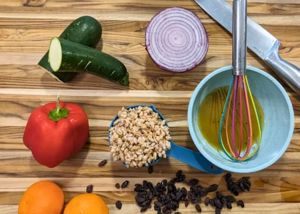 fresh ingredients, farro salad, vegetable preparation, healthy cooking, culinary art, colorful vegetables, food photography, kitchen prep, cooking essentials, whole foods, culinary photography, rustic wooden background, image food, photographs of food, food photoshoot